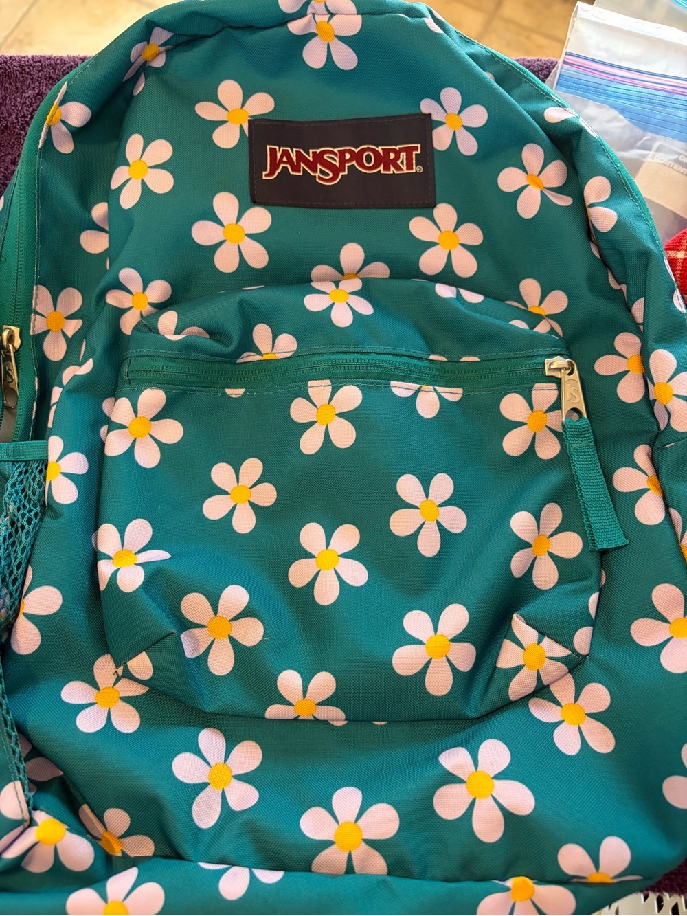 Jansport Teal Floral Daisy Backpack - Teal with White & Yellow Flowers